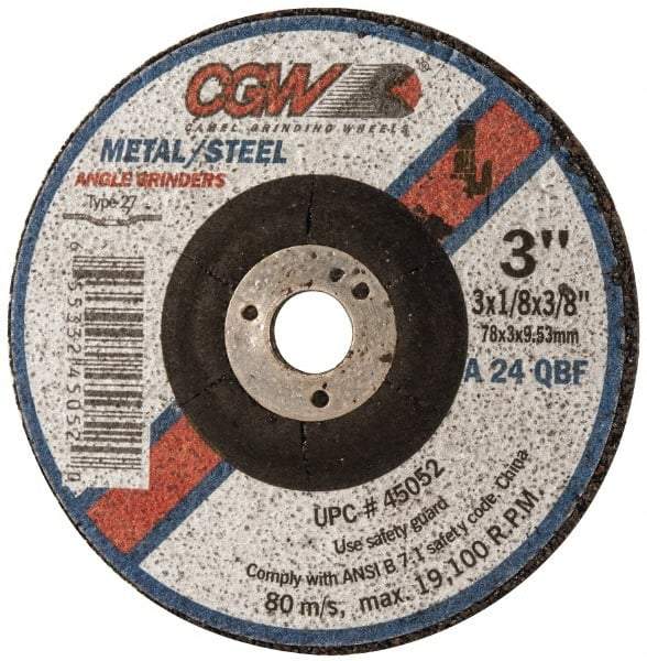 Camel Grinding Wheels - 24 Grit, 3" Wheel Diam, 1/8" Wheel Thickness, 3/8" Arbor Hole, Type 27 Depressed Center Wheel - Aluminum Oxide, Resinoid Bond, Q Hardness, 19,100 Max RPM, Compatible with Angle Grinder - A1 Tooling