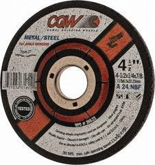 CGW Abrasives - 24 Grit, 4-1/2" Diam x 1/4" Thick x 7/8" Arbor, Type 27 Depressed Center Wheel - A1 Tooling