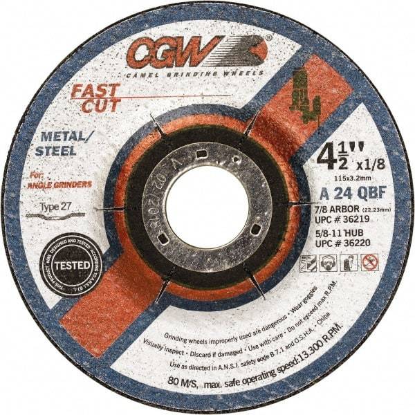 Camel Grinding Wheels - 24 Grit, 4-1/2" Wheel Diam, 1/8" Wheel Thickness, 7/8" Arbor Hole, Type 27 Depressed Center Wheel - Aluminum Oxide, Resinoid Bond, Q Hardness, 13,300 Max RPM, Compatible with Angle Grinder - A1 Tooling