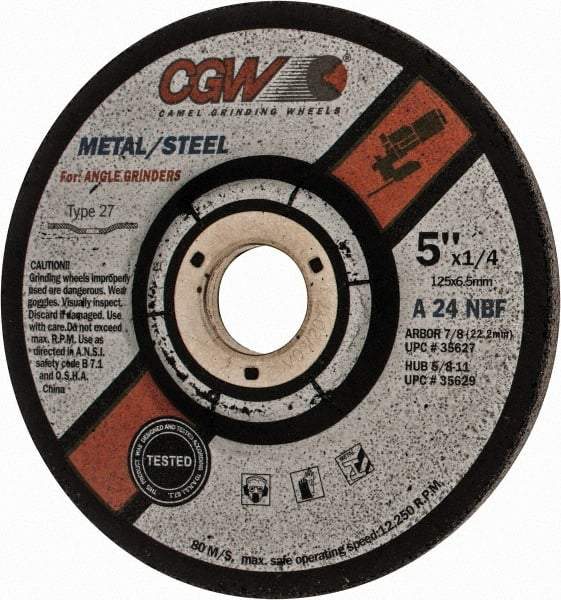 Camel Grinding Wheels - 24 Grit, 5" Wheel Diam, 1/4" Wheel Thickness, 7/8" Arbor Hole, Type 27 Depressed Center Wheel - Aluminum Oxide, Resinoid Bond, N Hardness, 12,250 Max RPM, Compatible with Angle Grinder - A1 Tooling