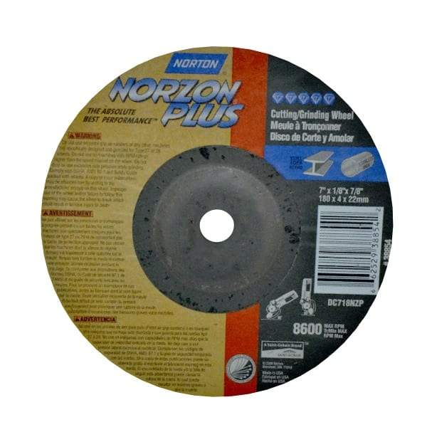 Norton - 7" Wheel Diam, 1/8" Wheel Thickness, 7/8" Arbor Hole, Type 27 Depressed Center Wheel - Ceramic, 8,600 Max RPM, Compatible with Angle Grinder - A1 Tooling