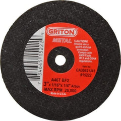 Value Collection - 3" 46 Grit Aluminum Oxide Cutoff Wheel - 1/16" Thick, 1/4" Arbor, 25,000 Max RPM, Use with Die Grinders - A1 Tooling