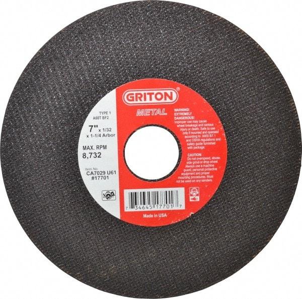 Value Collection - 7" 60 Grit Aluminum Oxide Cutoff Wheel - 1/32" Thick, 1-1/4" Arbor, 8,732 Max RPM, Use with Stationary Tools - A1 Tooling