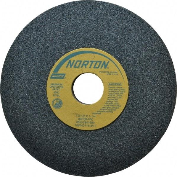 Norton - 7" Diam x 1-1/4" Hole x 1/2" Thick, I Hardness, 60 Grit Surface Grinding Wheel - Silicon Carbide, Type 1, Medium Grade, 3,600 Max RPM, Vitrified Bond, No Recess - A1 Tooling