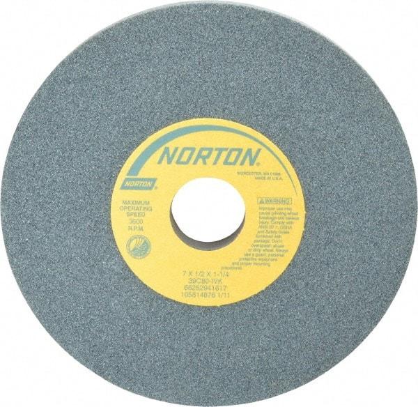 Norton - 7" Diam x 1-1/4" Hole x 1/2" Thick, I Hardness, 80 Grit Surface Grinding Wheel - Silicon Carbide, Type 1, Medium Grade, 3,600 Max RPM, Vitrified Bond, No Recess - A1 Tooling