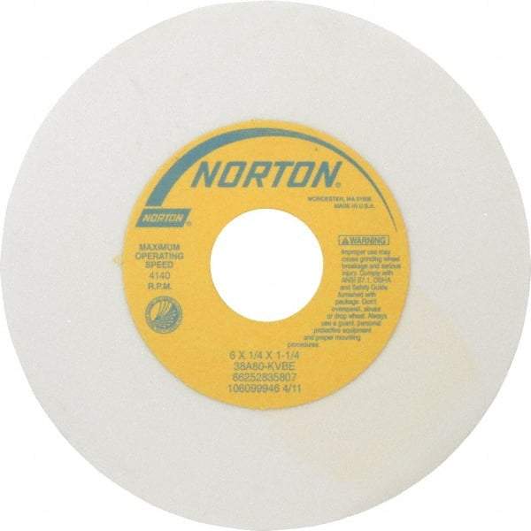 Norton - 6" Diam x 1-1/4" Hole x 1/4" Thick, K Hardness, 80 Grit Surface Grinding Wheel - Aluminum Oxide, Type 1, Medium Grade, 4,140 Max RPM, Vitrified Bond, No Recess - A1 Tooling