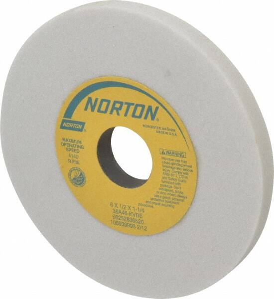 Norton - 6" Diam x 1-1/4" Hole x 1/2" Thick, K Hardness, 46 Grit Surface Grinding Wheel - Aluminum Oxide, Type 1, Coarse Grade, 4,140 Max RPM, Vitrified Bond, No Recess - A1 Tooling