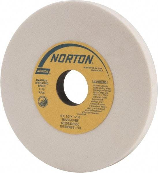 Norton - 6" Diam x 1-1/4" Hole x 1/2" Thick, K Hardness, 80 Grit Surface Grinding Wheel - Aluminum Oxide, Type 1, Medium Grade, 4,140 Max RPM, Vitrified Bond, No Recess - A1 Tooling