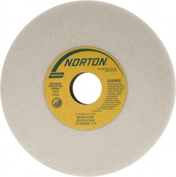 Norton - 7" Diam x 1-1/4" Hole x 3/4" Thick, K Hardness, 46 Grit Surface Grinding Wheel - Aluminum Oxide, Type 1, Coarse Grade, 3,600 Max RPM, Vitrified Bond, No Recess - A1 Tooling