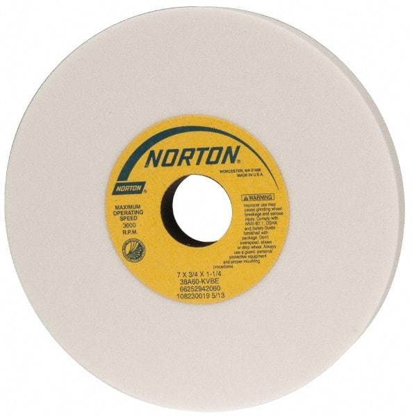 Norton - 7" Diam x 1-1/4" Hole x 3/4" Thick, K Hardness, 60 Grit Surface Grinding Wheel - Aluminum Oxide, Type 1, Medium Grade, 3,600 Max RPM, Vitrified Bond, No Recess - A1 Tooling