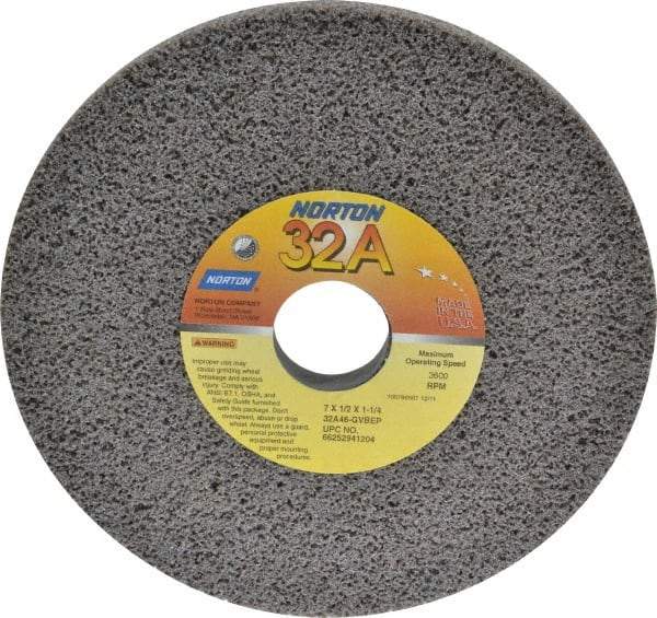 Norton - 7" Diam x 1-1/4" Hole x 1/2" Thick, G Hardness, 46 Grit Surface Grinding Wheel - Aluminum Oxide, Type 1, Coarse Grade, 3,600 Max RPM, Vitrified Bond, No Recess - A1 Tooling