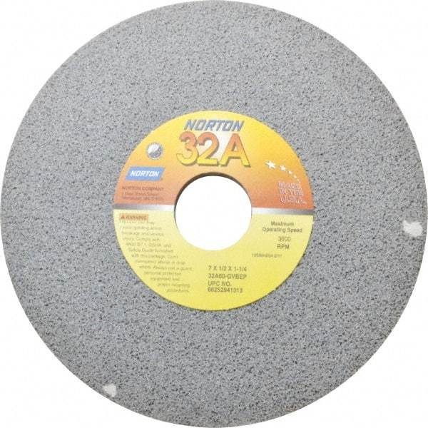 Norton - 7" Diam x 1-1/4" Hole x 1/2" Thick, G Hardness, 60 Grit Surface Grinding Wheel - Aluminum Oxide, Type 1, Medium Grade, 3,600 Max RPM, Vitrified Bond, No Recess - A1 Tooling