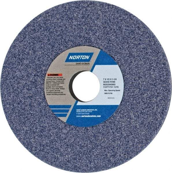 Norton - 7" Diam x 1-1/4" Hole x 1/2" Thick, H Hardness, 46 Grit Surface Grinding Wheel - Aluminum Oxide, Type 1, Coarse Grade, 3,600 Max RPM, Vitrified Bond, No Recess - A1 Tooling