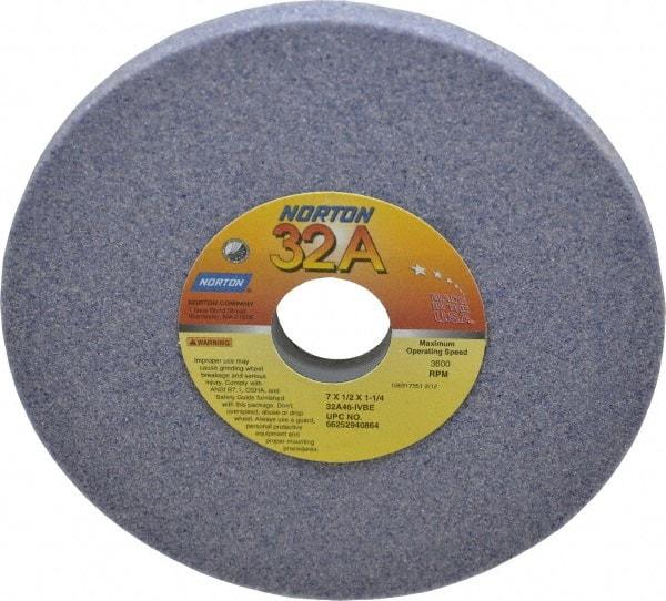 Norton - 7" Diam x 1-1/4" Hole x 1/2" Thick, I Hardness, 46 Grit Surface Grinding Wheel - Aluminum Oxide, Type 1, Coarse Grade, 3,600 Max RPM, Vitrified Bond, No Recess - A1 Tooling