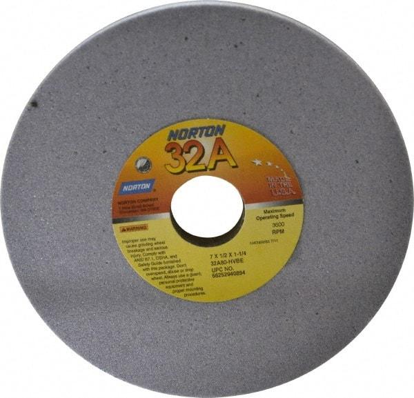 Norton - 7" Diam x 1-1/4" Hole x 1/2" Thick, H Hardness, 80 Grit Surface Grinding Wheel - Aluminum Oxide, Type 1, Medium Grade, 3,600 Max RPM, Vitrified Bond, No Recess - A1 Tooling