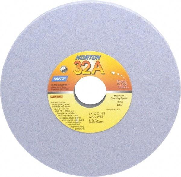 Norton - 7" Diam x 1-1/4" Hole x 1/2" Thick, J Hardness, 80 Grit Surface Grinding Wheel - Aluminum Oxide, Type 1, Medium Grade, 3,600 Max RPM, Vitrified Bond, No Recess - A1 Tooling