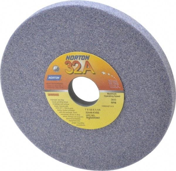 Norton - 7" Diam x 1-1/4" Hole x 1/2" Thick, K Hardness, 46 Grit Surface Grinding Wheel - Aluminum Oxide, Type 1, Coarse Grade, 3,600 Max RPM, Vitrified Bond, No Recess - A1 Tooling