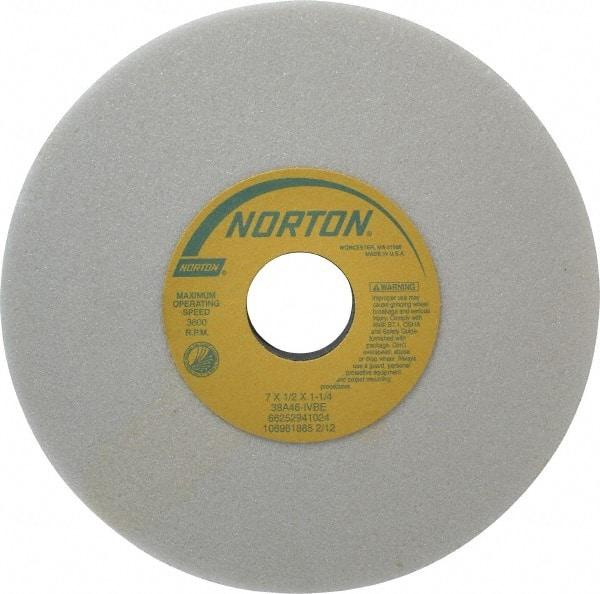 Norton - 7" Diam x 1-1/4" Hole x 1/2" Thick, I Hardness, 46 Grit Surface Grinding Wheel - Aluminum Oxide, Type 1, Coarse Grade, 3,600 Max RPM, Vitrified Bond, No Recess - A1 Tooling