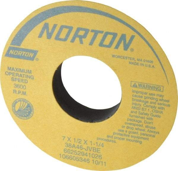 Norton - 7" Diam x 1-1/4" Hole x 1/2" Thick, J Hardness, 46 Grit Surface Grinding Wheel - Aluminum Oxide, Type 1, Coarse Grade, 3,600 Max RPM, Vitrified Bond, No Recess - A1 Tooling