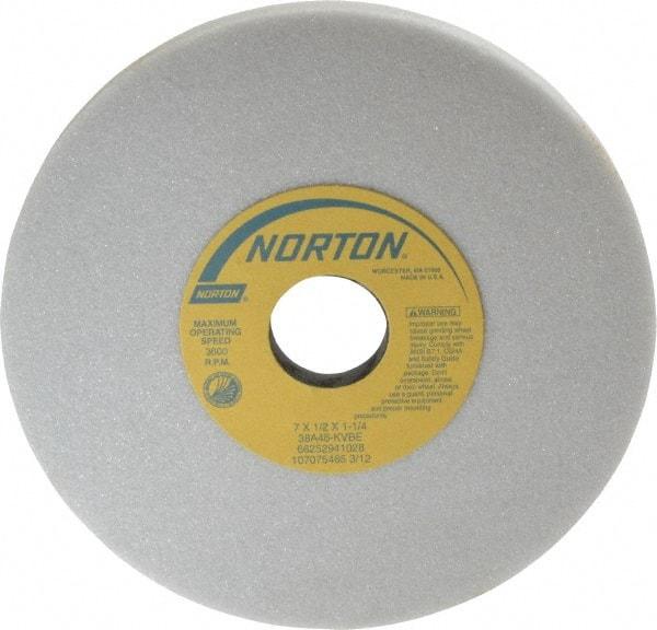 Norton - 7" Diam x 1-1/4" Hole x 1/2" Thick, K Hardness, 46 Grit Surface Grinding Wheel - Aluminum Oxide, Type 1, Coarse Grade, 3,600 Max RPM, Vitrified Bond, No Recess - A1 Tooling