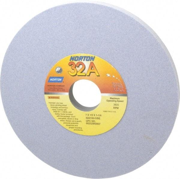 Norton - 7" Diam x 1-1/4" Hole x 1/2" Thick, I Hardness, 100 Grit Surface Grinding Wheel - Aluminum Oxide, Type 1, Fine Grade, 3,600 Max RPM, Vitrified Bond, No Recess - A1 Tooling