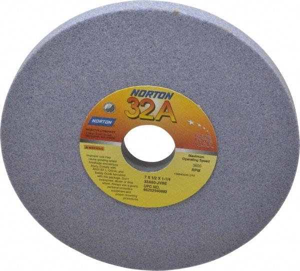 Norton - 7" Diam x 1-1/4" Hole x 1/2" Thick, J Hardness, 60 Grit Surface Grinding Wheel - Aluminum Oxide, Type 1, Medium Grade, 3,600 Max RPM, Vitrified Bond, No Recess - A1 Tooling