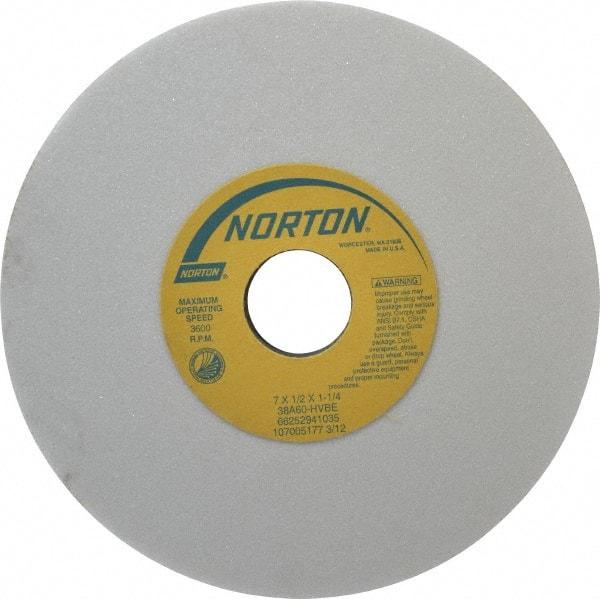 Norton - 7" Diam x 1-1/4" Hole x 1/2" Thick, H Hardness, 60 Grit Surface Grinding Wheel - Aluminum Oxide, Type 1, Medium Grade, 3,600 Max RPM, Vitrified Bond, No Recess - A1 Tooling