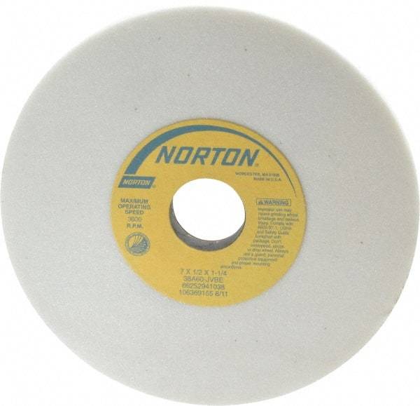 Norton - 7" Diam x 1-1/4" Hole x 1/2" Thick, J Hardness, 60 Grit Surface Grinding Wheel - Aluminum Oxide, Type 1, Medium Grade, 3,600 Max RPM, Vitrified Bond, No Recess - A1 Tooling