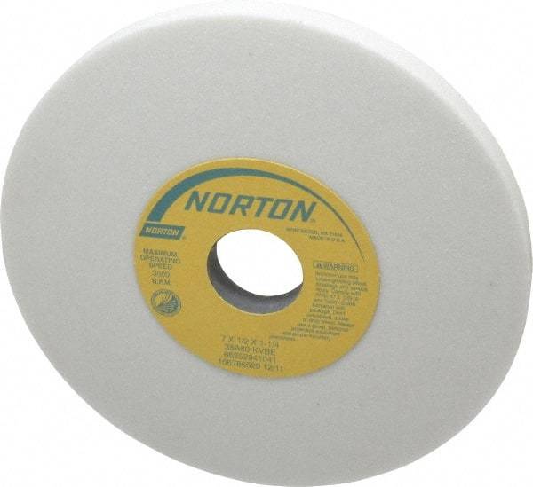 Norton - 7" Diam x 1-1/4" Hole x 1/2" Thick, K Hardness, 60 Grit Surface Grinding Wheel - Aluminum Oxide, Type 1, Medium Grade, 3,600 Max RPM, Vitrified Bond, No Recess - A1 Tooling