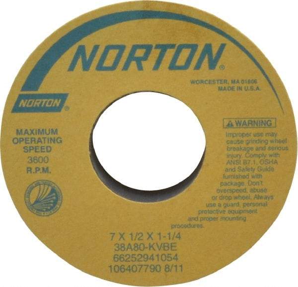 Norton - 7" Diam x 1-1/4" Hole x 1/2" Thick, K Hardness, 80 Grit Surface Grinding Wheel - Aluminum Oxide, Type 1, Medium Grade, 3,600 Max RPM, Vitrified Bond, No Recess - A1 Tooling