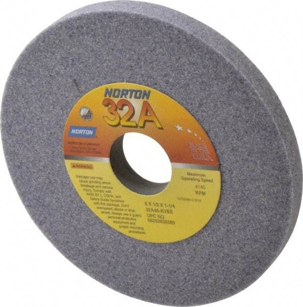 Norton - 6" Diam x 1-1/4" Hole x 1/2" Thick, K Hardness, 46 Grit Surface Grinding Wheel - Aluminum Oxide, Type 1, Coarse Grade, 4,140 Max RPM, Vitrified Bond, No Recess - A1 Tooling