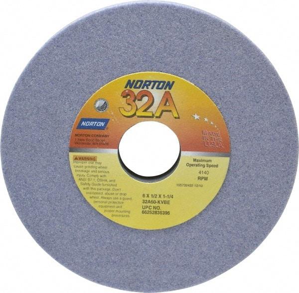 Norton - 6" Diam x 1-1/4" Hole x 1/2" Thick, K Hardness, 60 Grit Surface Grinding Wheel - Aluminum Oxide, Type 1, Medium Grade, 4,140 Max RPM, Vitrified Bond, No Recess - A1 Tooling