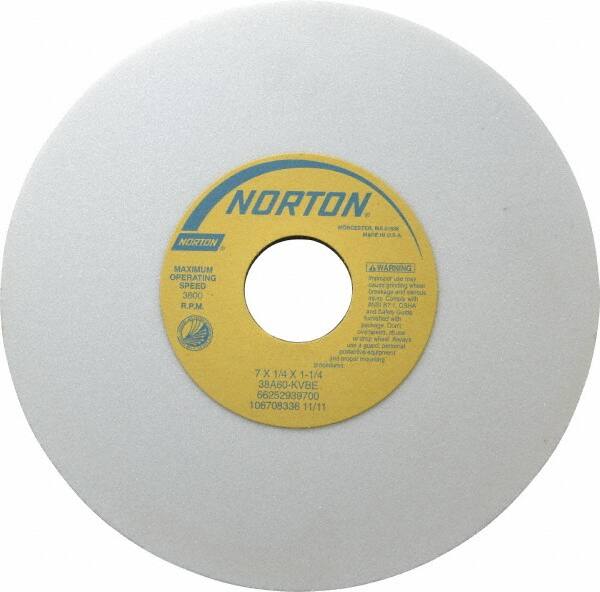 Norton - 7" Diam x 1-1/4" Hole x 1/4" Thick, K Hardness, 60 Grit Surface Grinding Wheel - Aluminum Oxide, Type 1, Medium Grade, 3,600 Max RPM, Vitrified Bond, No Recess - A1 Tooling