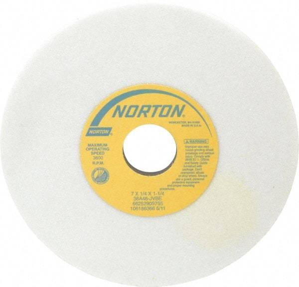 Norton - 7" Diam x 1-1/4" Hole x 1/4" Thick, J Hardness, 46 Grit Surface Grinding Wheel - Aluminum Oxide, Type 1, Coarse Grade, 3,600 Max RPM, Vitrified Bond, No Recess - A1 Tooling