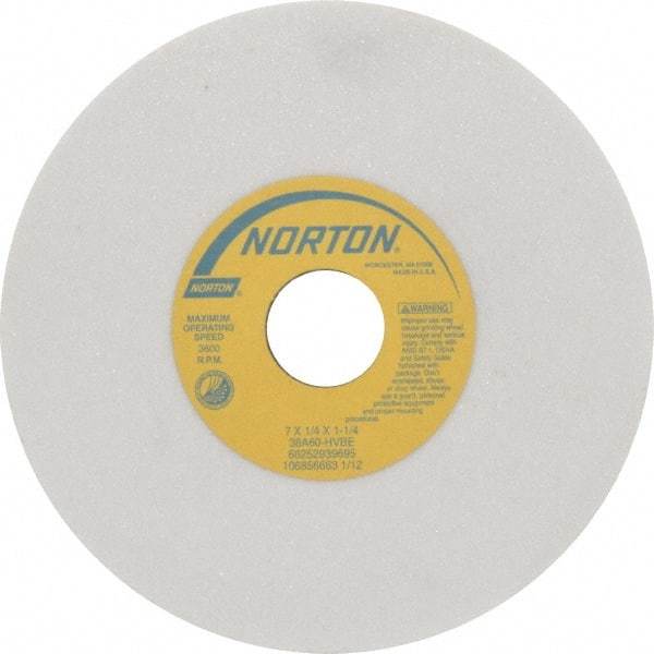 Norton - 7" Diam x 1-1/4" Hole x 1/4" Thick, H Hardness, 60 Grit Surface Grinding Wheel - Aluminum Oxide, Type 1, Medium Grade, 3,600 Max RPM, Vitrified Bond, No Recess - A1 Tooling