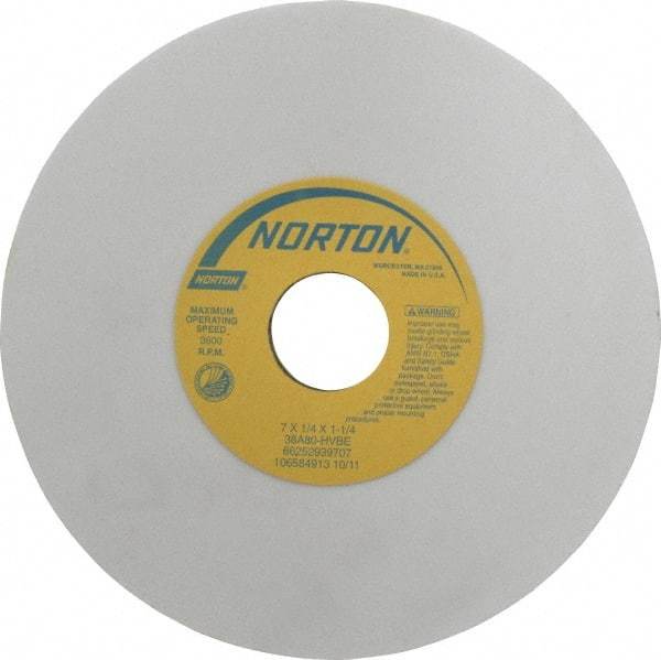 Norton - 7" Diam x 1-1/4" Hole x 1/4" Thick, H Hardness, 80 Grit Surface Grinding Wheel - Aluminum Oxide, Type 1, Medium Grade, 3,600 Max RPM, Vitrified Bond, No Recess - A1 Tooling