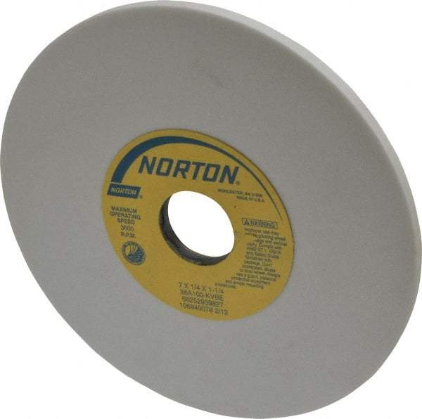 Norton - 7" Diam x 1-1/4" Hole x 1/4" Thick, K Hardness, 100 Grit Surface Grinding Wheel - Aluminum Oxide, Type 1, Fine Grade, 3,600 Max RPM, Vitrified Bond, No Recess - A1 Tooling