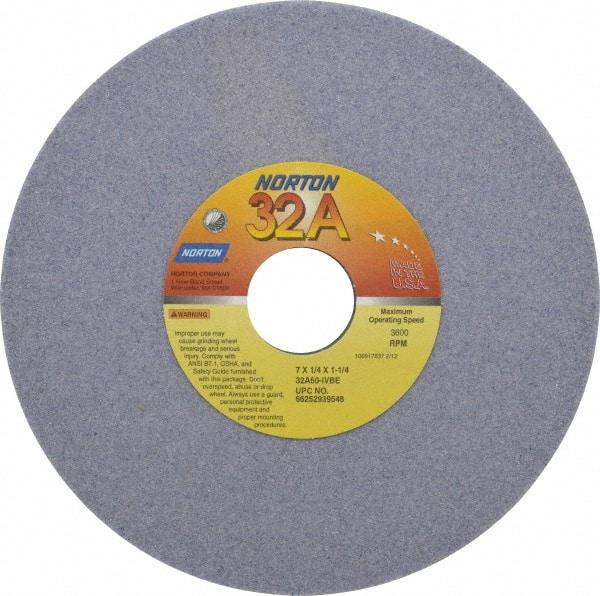 Norton - 7" Diam x 1-1/4" Hole x 1/4" Thick, I Hardness, 60 Grit Surface Grinding Wheel - Aluminum Oxide, Type 1, Medium Grade, 3,600 Max RPM, Vitrified Bond, No Recess - A1 Tooling