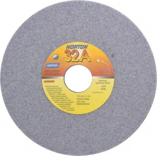 Norton - 7" Diam x 1-1/4" Hole x 1/4" Thick, H Hardness, 46 Grit Surface Grinding Wheel - Aluminum Oxide, Type 1, Coarse Grade, 3,600 Max RPM, Vitrified Bond, No Recess - A1 Tooling