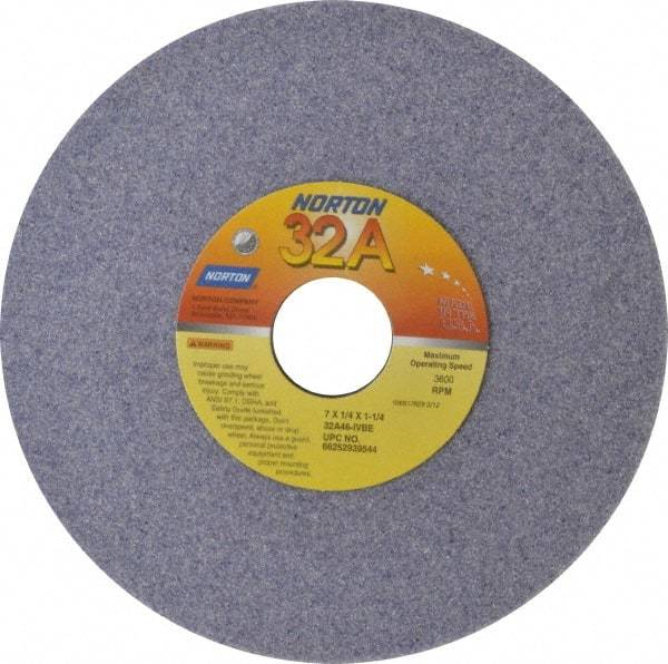 Norton - 7" Diam x 1-1/4" Hole x 1/4" Thick, I Hardness, 46 Grit Surface Grinding Wheel - Aluminum Oxide, Type 1, Coarse Grade, 3,600 Max RPM, Vitrified Bond, No Recess - A1 Tooling