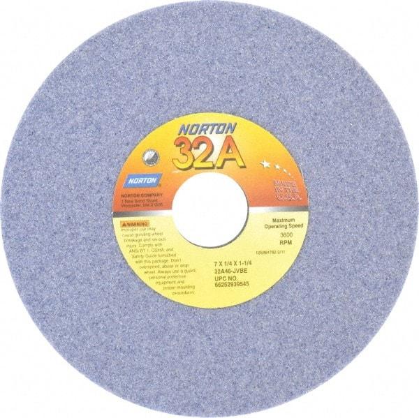 Norton - 7" Diam x 1-1/4" Hole x 1/4" Thick, J Hardness, 46 Grit Surface Grinding Wheel - Aluminum Oxide, Type 1, Coarse Grade, 3,600 Max RPM, Vitrified Bond, No Recess - A1 Tooling