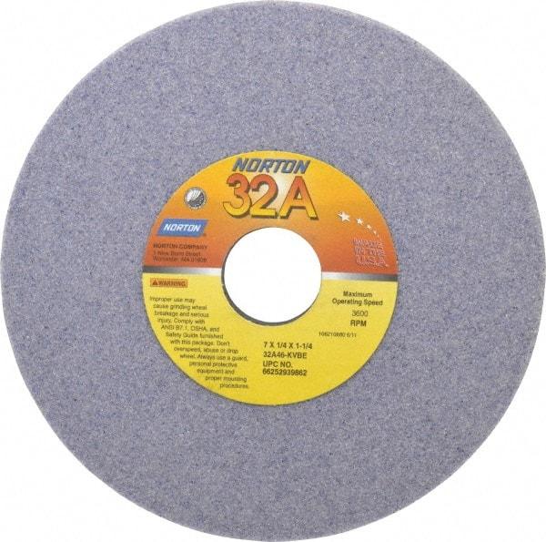 Norton - 7" Diam x 1-1/4" Hole x 1/4" Thick, K Hardness, 46 Grit Surface Grinding Wheel - Aluminum Oxide, Type 1, Coarse Grade, 3,600 Max RPM, Vitrified Bond, No Recess - A1 Tooling