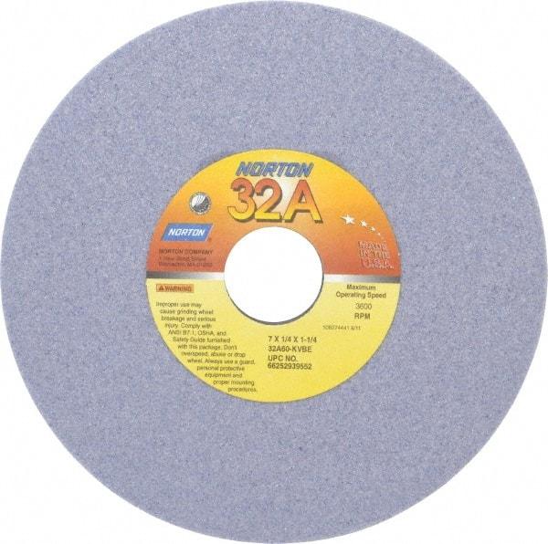 Norton - 7" Diam x 1-1/4" Hole x 1/4" Thick, K Hardness, 60 Grit Surface Grinding Wheel - Aluminum Oxide, Type 1, Medium Grade, 3,600 Max RPM, Vitrified Bond, No Recess - A1 Tooling