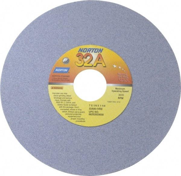 Norton - 7" Diam x 1-1/4" Hole x 1/4" Thick, I Hardness, 80 Grit Surface Grinding Wheel - Aluminum Oxide, Type 1, Medium Grade, 3,600 Max RPM, Vitrified Bond, No Recess - A1 Tooling