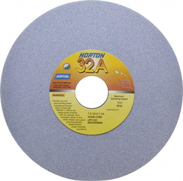 Norton - 7" Diam x 1-1/4" Hole x 1/4" Thick, J Hardness, 80 Grit Surface Grinding Wheel - Aluminum Oxide, Type 1, Medium Grade, 3,600 Max RPM, Vitrified Bond, No Recess - A1 Tooling