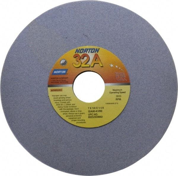 Norton - 7" Diam x 1-1/4" Hole x 1/4" Thick, K Hardness, 80 Grit Surface Grinding Wheel - Aluminum Oxide, Type 1, Medium Grade, 3,600 Max RPM, Vitrified Bond, No Recess - A1 Tooling