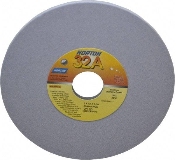 Norton - 7" Diam x 1-1/4" Hole x 1/4" Thick, I Hardness, 100 Grit Surface Grinding Wheel - Aluminum Oxide, Type 1, Fine Grade, 3,600 Max RPM, Vitrified Bond, No Recess - A1 Tooling