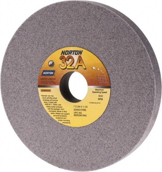 Norton - 7" Diam x 1-1/4" Hole x 3/4" Thick, K Hardness, 60 Grit Surface Grinding Wheel - Aluminum Oxide, Type 1, Medium Grade, 3,600 Max RPM, Vitrified Bond, No Recess - A1 Tooling