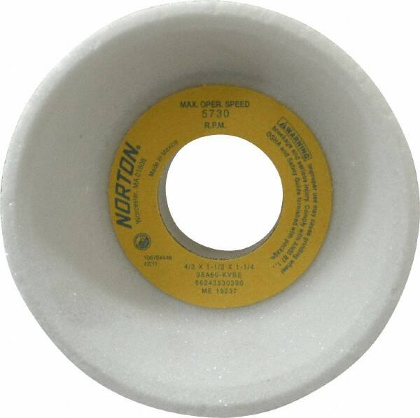 Norton - 4" Diam, 1-1/4" Hole Size, 1-1/2" Overall Thickness, 60 Grit, Type 11 Tool & Cutter Grinding Wheel - Medium Grade, Aluminum Oxide, K Hardness, Vitrified Bond, 5,730 RPM - A1 Tooling