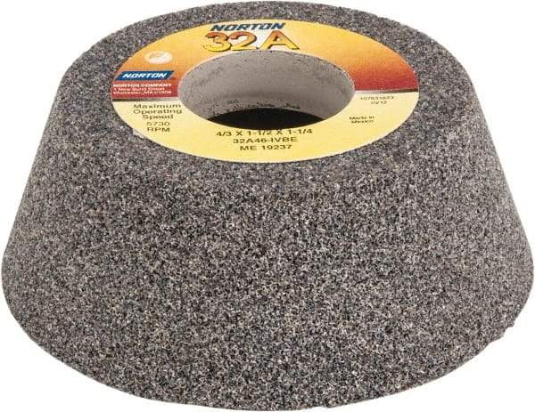 Norton - 4" Diam, 1-1/4" Hole Size, 1-1/2" Overall Thickness, 46 Grit, Type 11 Tool & Cutter Grinding Wheel - Coarse Grade, Aluminum Oxide, I Hardness, Vitrified Bond, 5,730 RPM - A1 Tooling